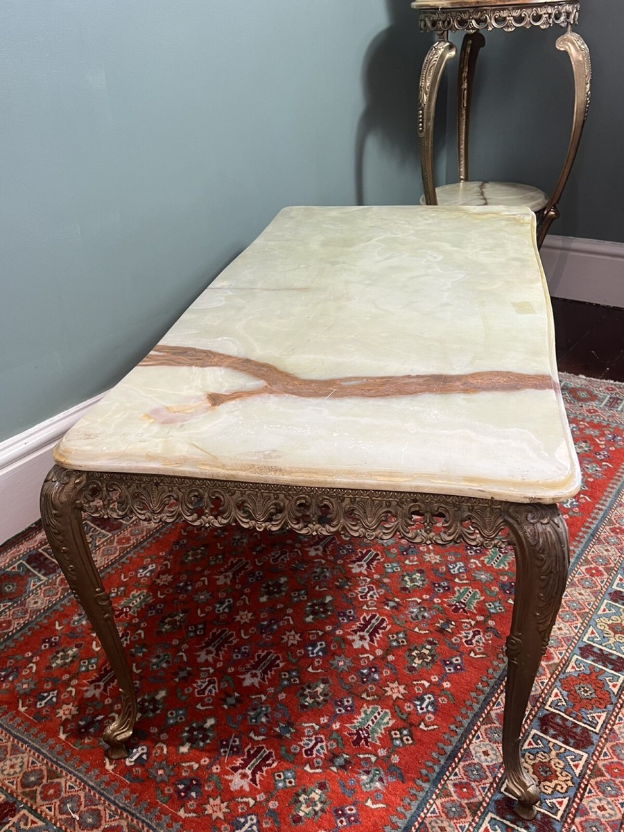 French Louis Xvi Style Onyx Marble & Brass Filigree Ormolu Coffee/centre Table
