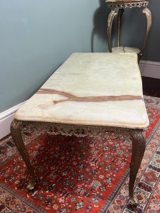 French Louis XVI Style Onyx Marble & Brass Filigree Ormolu Coffee/Centre Table Circa - 1950's Composition - Onyx Marble Top With Brass Base Listing Description French Vintage Decorative Louis XVI Style Coffee/ Centre Table. Solid Onyx Marble Top With Bevelled Edge In Jade Green Colouration / Rust Veins. Ornate Base Of Brass Ormolu In Acanthus Leaf Filigree Patter-nation Standing On Sabre Legs. Heavy Item Dimensions In CMS Height 41cm X Length 98.5cm X Depth 48cm For Any Further Information Please Call 07707 488 566 Thank-you