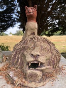 Terracotta Sculpture of Lion and Cat Figurine Circa - 1890 Composition - Terracotta Listing Description Rare Modern Art Sculpture Of Lion Head And Sitting Cat. Well Executed, Thought To and Of Welsh Origin. Dimensions in cm Height 42cm x Width 35cm x Depth 58cm