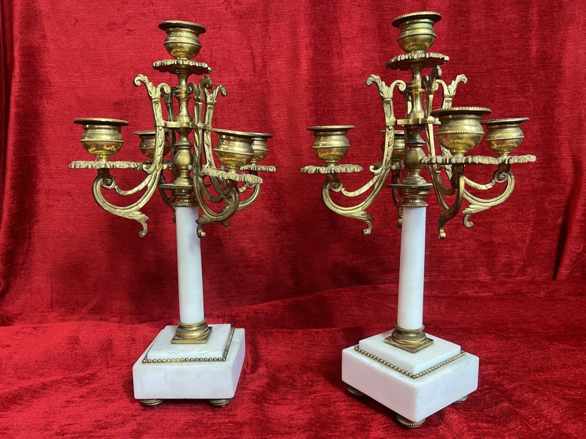 Pair Of French Louis Xvi Style Bronze Ormolu/marble Candelabra