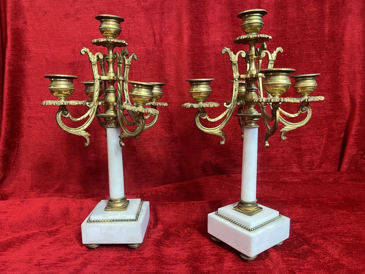 Pair Of French Louis Xvi Style Bronze Ormolu/marble Candelabra