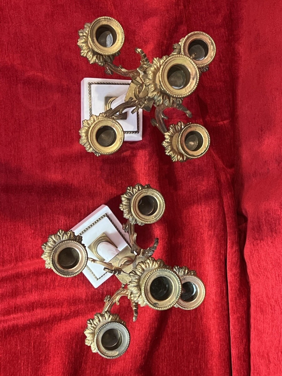 Pair Of French Louis Xvi Style Bronze Ormolu/marble Candelabra