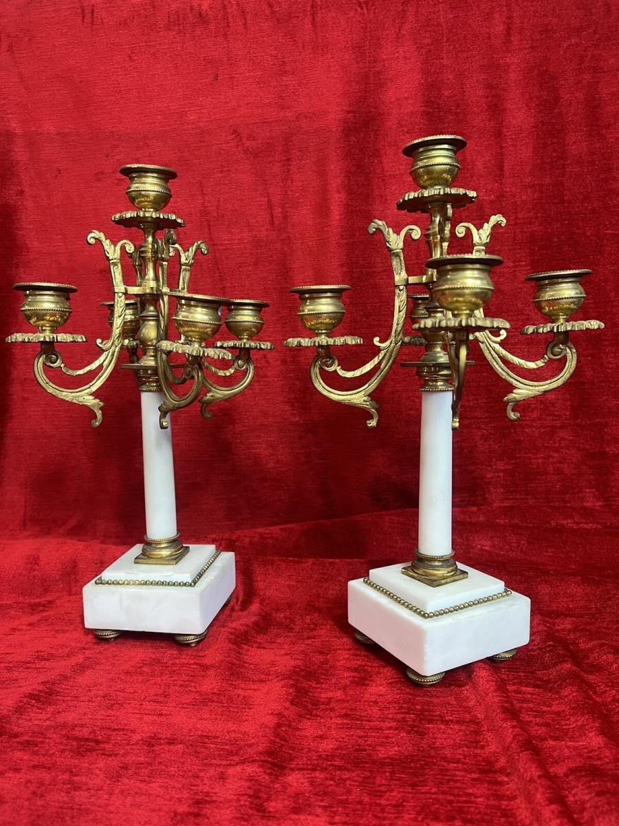 Pair Of French Louis Xvi Style Bronze Ormolu/marble Candelabra