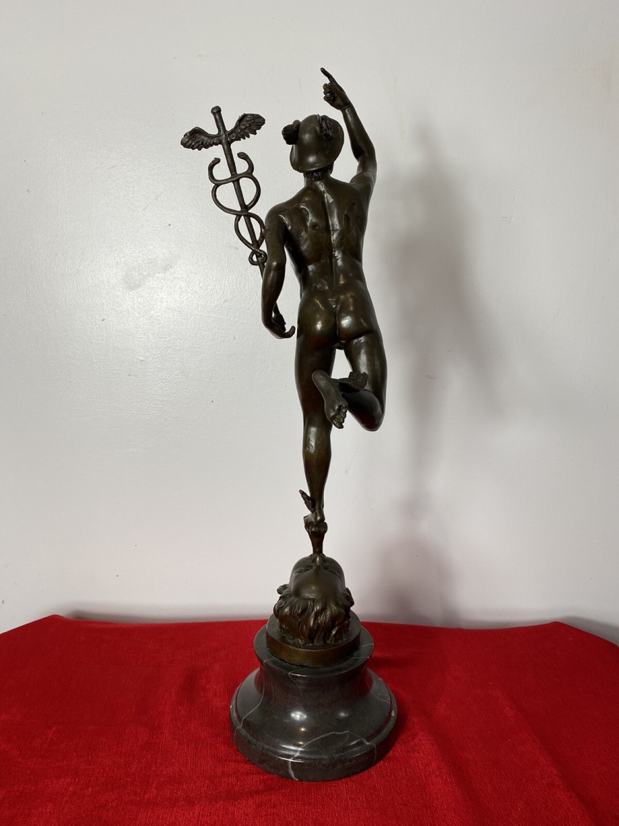 Fine Bronze Romanesque Sculpture Of Hermes After Giambologna Upon Marble Plinth
