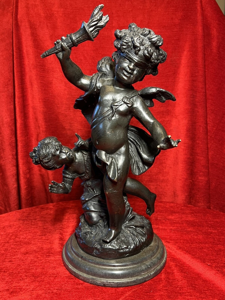 Bronze Sculpture Of Blind Folded Eros With Young Psykhe After Auguste Moreau