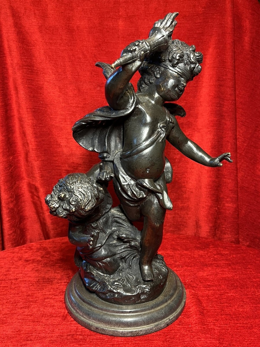 Bronze Sculpture Of Blind Folded Eros With Young Psykhe After Auguste Moreau