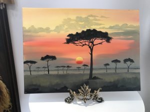 Original Oil Painting On Canvas Rare Aboriginal Australia Vintage Oil Painting Signed By Artist Monogram SCA Unknown To Us Quality Landscape In Vibrant Bright Colours Showing Sunset On The Desert With Rubber Trees And Sun In The Centre Ground Stunning Scene Unframed Dimensions In Inches Height 19.5 Width 27.5