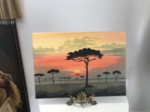 Original Oil Painting On Canvas Rare Aboriginal Australia Vintage Oil Painting Signed By Artist Monogram SCA Unknown To Us Quality Landscape In Vibrant Bright Colours Showing Sunset On The Desert With Rubber Trees And Sun In The Centre Ground Stunning Scene Unframed Dimensions In Inches Height 19.5 Width 27.5