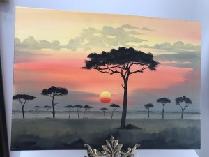Original Oil Painting On Canvas Rare Aboriginal Australia Vintage Oil Painting Signed By Artist Monogram SCA Unknown To Us Quality Landscape In Vibrant Bright Colours Showing Sunset On The Desert With Rubber Trees And Sun In The Centre Ground Stunning Scene Unframed Dimensions In Inches Height 19.5 Width 27.5