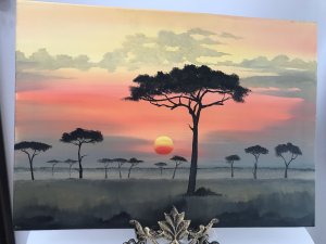 Original Oil Painting On Canvas Rare Aboriginal Australia Vintage Oil Painting Signed By Artist Monogram SCA Unknown To Us Quality Landscape In Vibrant Bright Colours Showing Sunset On The Desert With Rubber Trees And Sun In The Centre Ground Stunning Scene Unframed Dimensions In Inches Height 19.5 Width 27.5