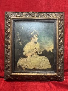 Antique Sir Joshua Reynolds The Age Of Innocence Mezzotint In Ornate Frame Composition - Ink On Vellum In Repousse Frame. Listing Description The Original Paining Completed Around 1788 By Sir Joshua Reynolds Titled The Age Of Innocence, Is Displayed At The Tate Gallery London. The Artwork Depicts A Young Girl Whom Was Thought To Be The Artists Great-Niece Theophila Gwatkin, But Not Confirmed. Sitting Upon The Lawn In Picturesque Garden Setting. Mezzotint Is Set Behind Glass In Exceptionally Ornate Floral Repousse Frame. Dimensions In Cms Height 61cm X Width 53.5cm X Frame Depth 10cm