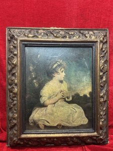 Antique Sir Joshua Reynolds The Age Of Innocence Mezzotint In Ornate Frame Composition - Ink On Vellum In Repousse Frame. Listing Description The Original Paining Completed Around 1788 By Sir Joshua Reynolds Titled The Age Of Innocence, Is Displayed At The Tate Gallery London. The Artwork Depicts A Young Girl Whom Was Thought To Be The Artists Great-Niece Theophila Gwatkin, But Not Confirmed. Sitting Upon The Lawn In Picturesque Garden Setting. Mezzotint Is Set Behind Glass In Exceptionally Ornate Floral Repousse Frame. Dimensions In Cms Height 61cm X Width 53.5cm X Frame Depth 10cm