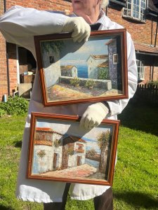 Pair Of Mediterranean Impressionist Coastal Scene Oil Paintings Signed Circa - 1970 Composition Oil On Canvas Listing Description Pair Of Mediterranean Coastal Scene Oil Paintings With Both Scenes Admiring The View Through Rustic White Buildings With Terracotta Tiled Roofs, Onto Idyllic Ocean Waters In The Background. Vibrant Scenes, Vivid Colour Palettes Set In Wood Frames With Gilt Moulding. Signed by Artist BILLA. Dimensions In Cms Height X Width