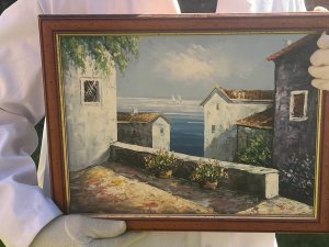 Pair Of Mediterranean Impressionist Coastal Scene Oil Paintings Signed Circa - 1970 Composition Oil On Canvas Listing Description Pair Of Mediterranean Coastal Scene Oil Paintings With Both Scenes Admiring The View Through Rustic White Buildings With Terracotta Tiled Roofs, Onto Idyllic Ocean Waters In The Background. Vibrant Scenes, Vivid Colour Palettes Set In Wood Frames With Gilt Moulding. Signed by Artist BILLA. Dimensions In Cms Height X Width
