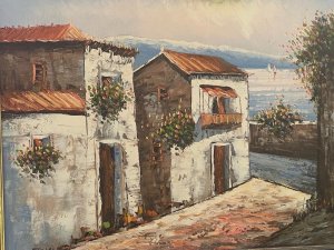Pair Of Mediterranean Impressionist Coastal Scene Oil Paintings Signed Circa - 1970 Composition Oil On Canvas Listing Description Pair Of Mediterranean Coastal Scene Oil Paintings With Both Scenes Admiring The View Through Rustic White Buildings With Terracotta Tiled Roofs, Onto Idyllic Ocean Waters In The Background. Vibrant Scenes, Vivid Colour Palettes Set In Wood Frames With Gilt Moulding. Signed by Artist BILLA. Dimensions In Cms Height X Width