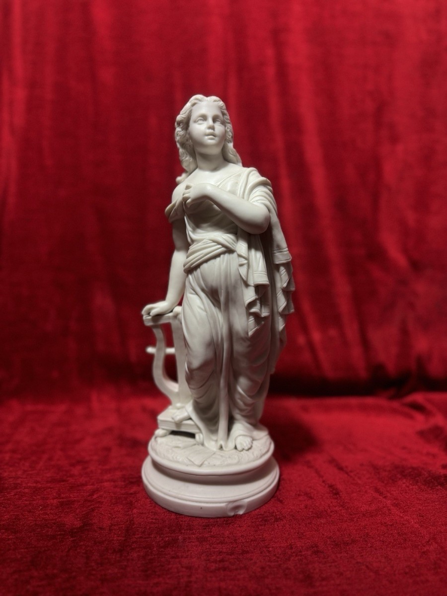 Antique Victorian Parian Ware Robed Lady Standing With Lyre Figure Sculpture