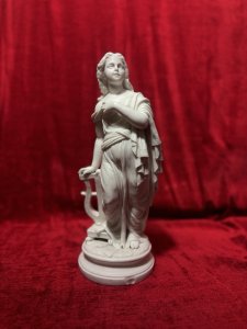 Antique Parian Ware Robed Lady Standing With Lyre Figurine Sculpture C1860 Circa - 1860 Composition - Hard Paste Porcelain Listing Description Antique Fine Quality Parian Ware Statue Of Ornately Robed Lady Standing Next To Lyre Instrument. Exquisitely Fine Details Of Face Hands & Feet. Chip Visible On Front Cylindrical Base. No Damage To Figure. Dimensions In Inches Height 14.5" X Width 6" For Further Information Please Call The Museum Curator On 07707 488566 Thankyou.