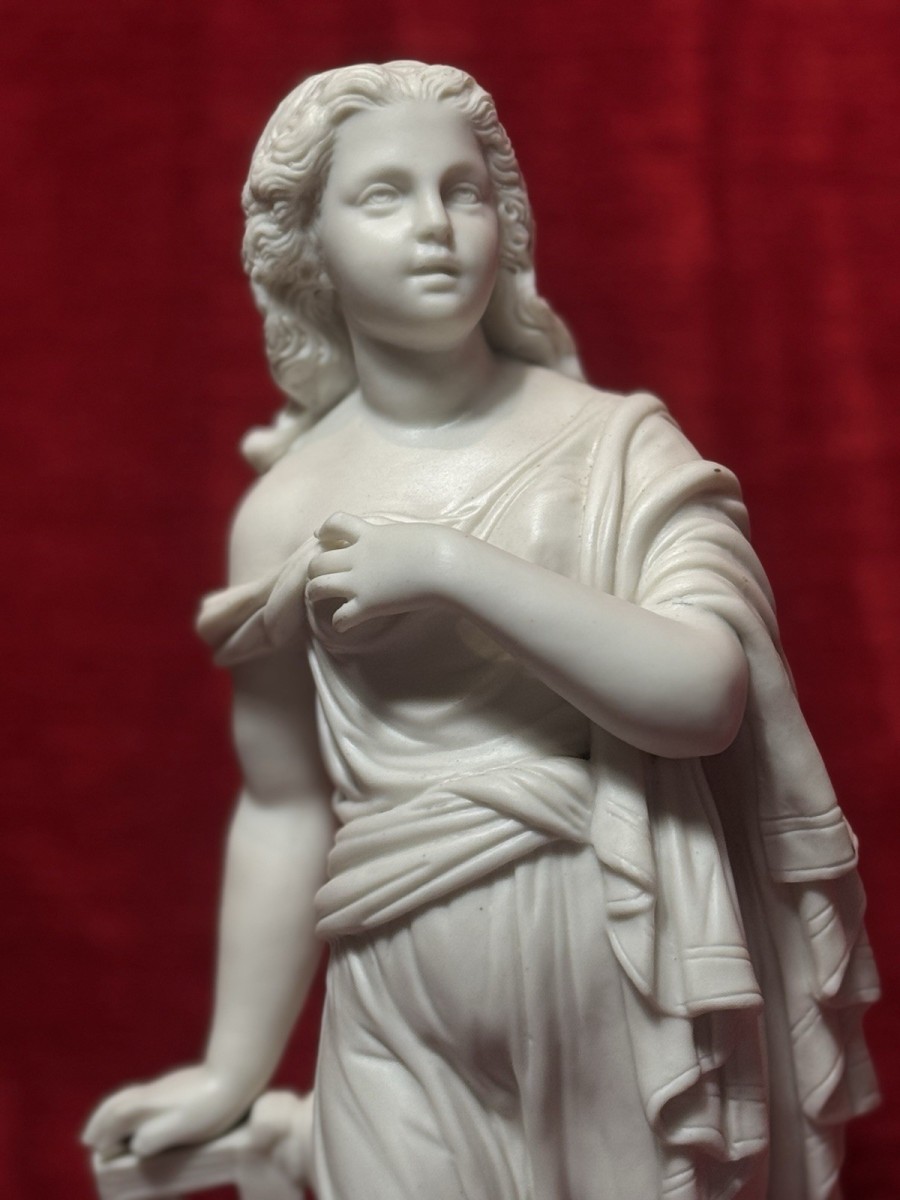 Antique Victorian Parian Ware Robed Lady Standing With Lyre Figure Sculpture