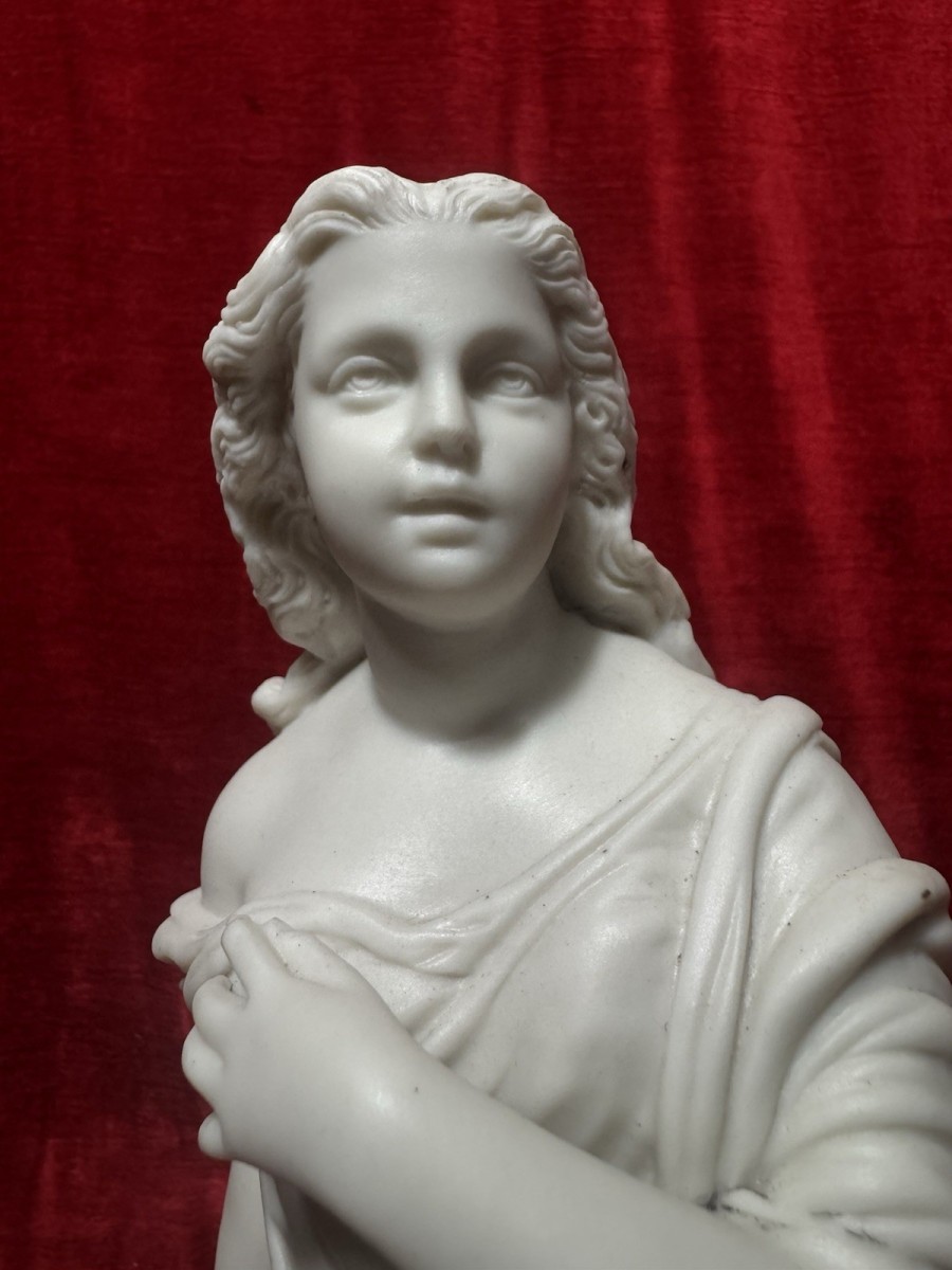 Antique Victorian Parian Ware Robed Lady Standing With Lyre Figure Sculpture