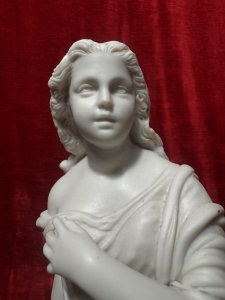 Antique Parian Ware Robed Lady Standing With Lyre Figurine Sculpture C1860 Circa - 1860 Composition - Hard Paste Porcelain Listing Description Antique Fine Quality Parian Ware Statue Of Ornately Robed Lady Standing Next To Lyre Instrument. Exquisitely Fine Details Of Face Hands & Feet. Chip Visible On Front Cylindrical Base. No Damage To Figure. Dimensions In Inches Height 14.5" X Width 6" For Further Information Please Call The Museum Curator On 07707 488566 Thankyou.