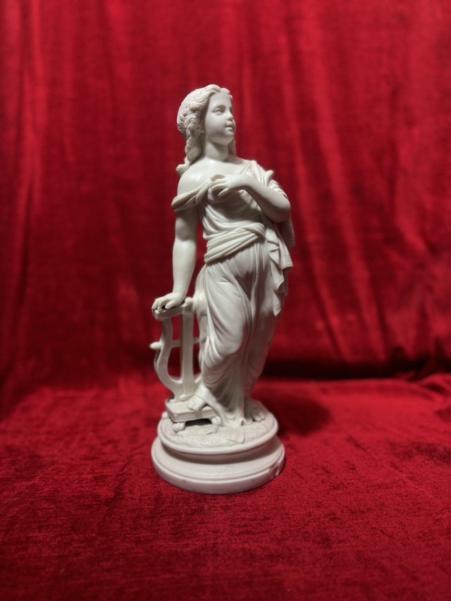 Antique Victorian Parian Ware Robed Lady Standing With Lyre Figure Sculpture