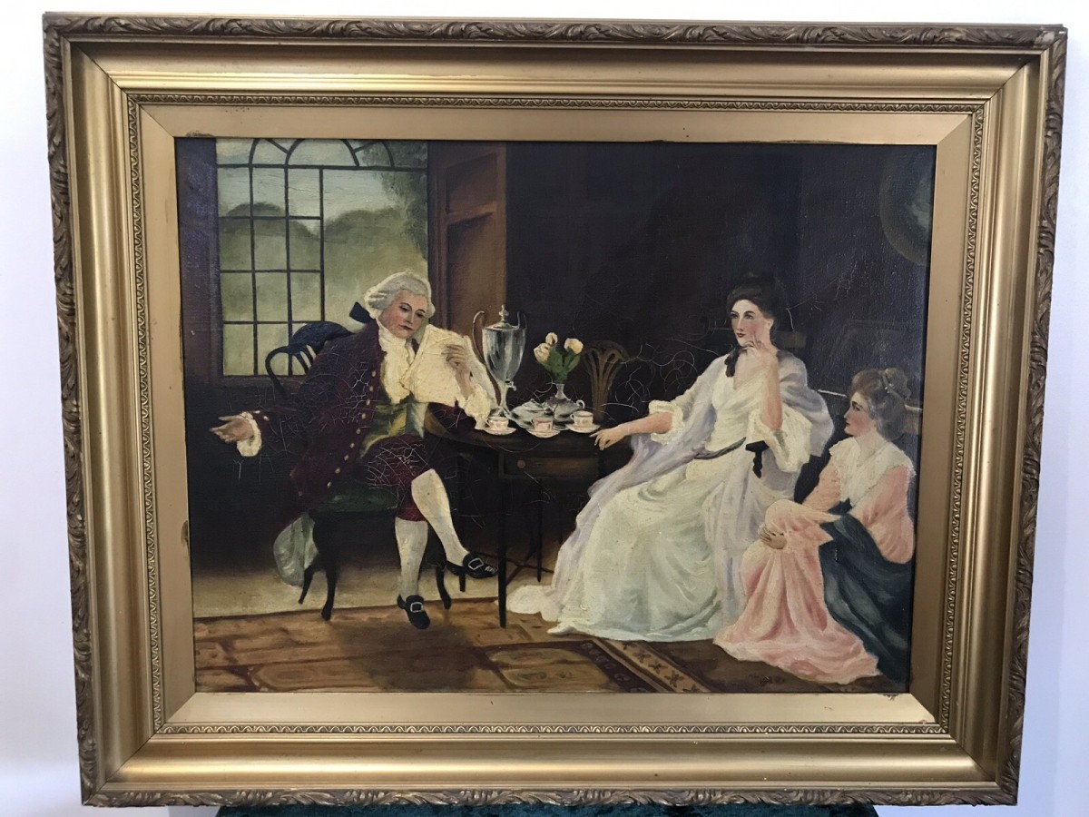 Primary image for Antique French Oil Painting Figures In Chateau Interior True Conversation Piece