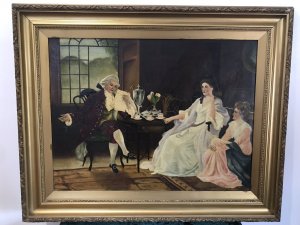 French Antique Figures In Chateau Interior Oil Painting True Conversation Piece Two Ladies In Flowing Lace Adorned Gowns Talking To A Gentleman With A Powdered Wig Dressed In A Elegant Rococo Burgundy Suit With Ruffled Neck And Sleeves And Stunning French Buckle Front Shoes Stunning Interior Scene A Samovar Urn And Delicately Painted Tea Set Sit Upon The Table In Front Of The Window In The Style Of ‘Zoffany’ A Delightful Composition Victorian In Age Unsigned Work Set In Ornate Gilt Wood Frame Lovely Condition For The Age Please Note Due To The Age Of This Piece There Is A Small Hole On The Pink Gowned Ladies Shawl Please See Image Dimensions In Inches Height 25” Width 30.5”