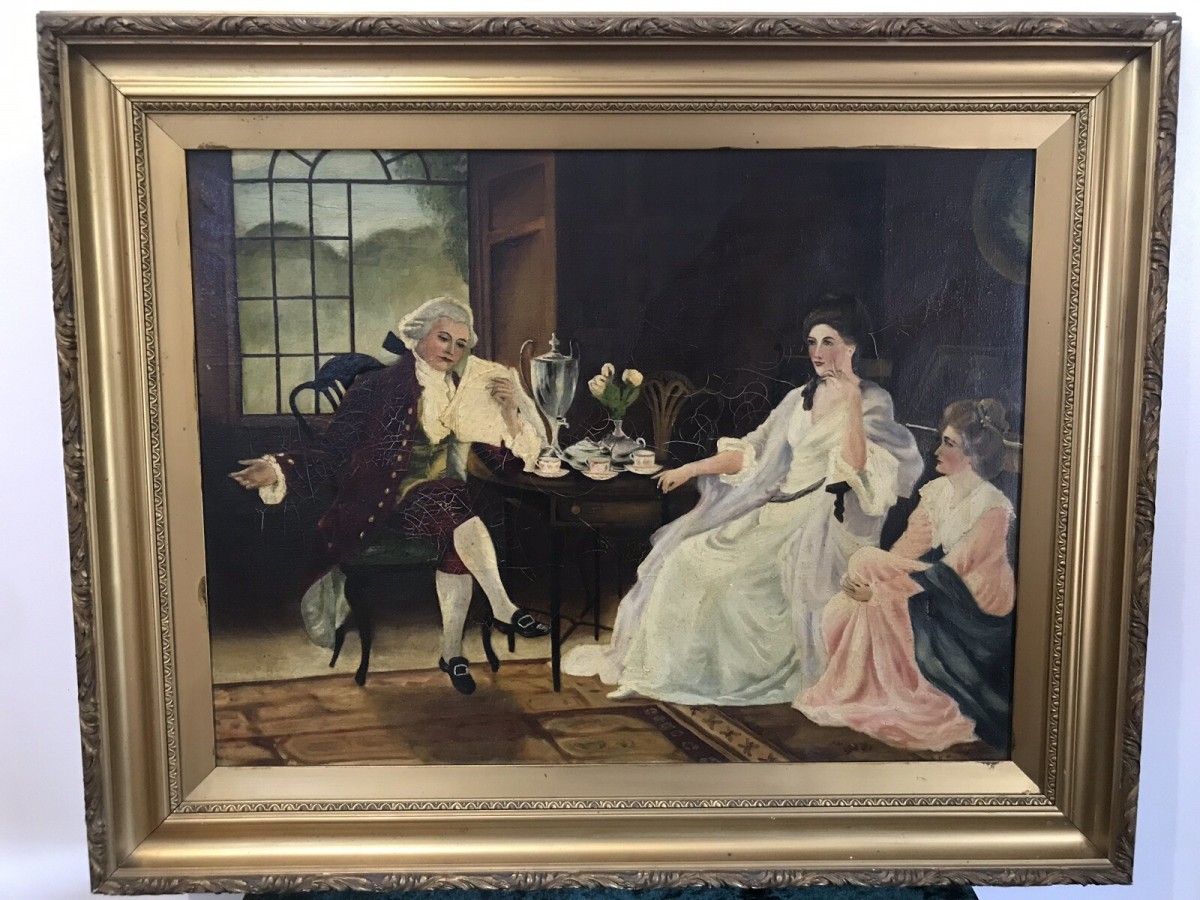Antique French Oil Painting Figures In Chateau Interior True Conversation Piece
