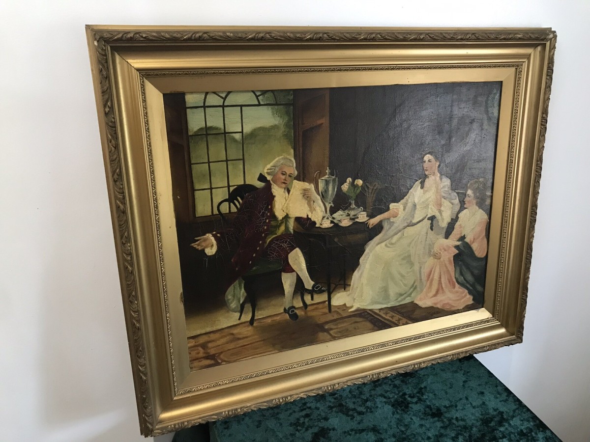 Antique French Oil Painting Figures In Chateau Interior True Conversation Piece