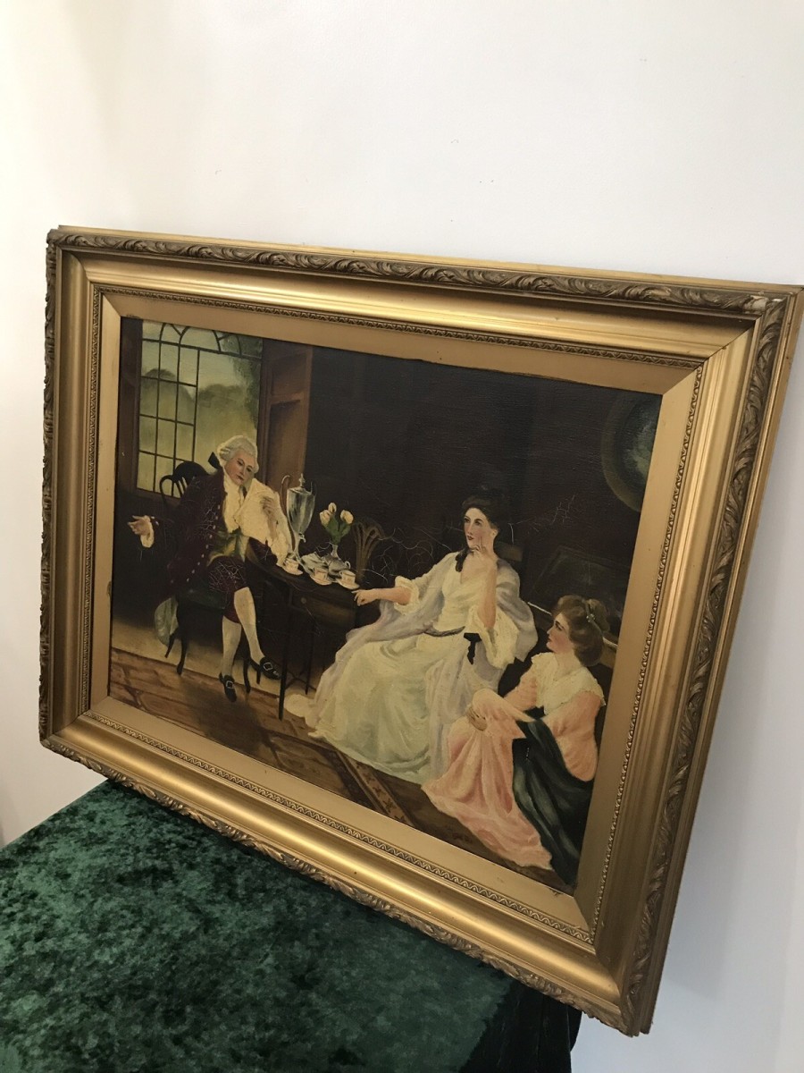 Antique French Oil Painting Figures In Chateau Interior True Conversation Piece