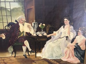 French Antique Figures In Chateau Interior Oil Painting True Conversation Piece Two Ladies In Flowing Lace Adorned Gowns Talking To A Gentleman With A Powdered Wig Dressed In A Elegant Rococo Burgundy Suit With Ruffled Neck And Sleeves And Stunning French Buckle Front Shoes Stunning Interior Scene A Samovar Urn And Delicately Painted Tea Set Sit Upon The Table In Front Of The Window In The Style Of ‘Zoffany’ A Delightful Composition Victorian In Age Unsigned Work Set In Ornate Gilt Wood Frame Lovely Condition For The Age Please Note Due To The Age Of This Piece There Is A Small Hole On The Pink Gowned Ladies Shawl Please See Image Dimensions In Inches Height 25” Width 30.5”