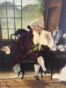 French Antique Figures In Chateau Interior Oil Painting True Conversation Piece Two Ladies In Flowing Lace Adorned Gowns Talking To A Gentleman With A Powdered Wig Dressed In A Elegant Rococo Burgundy Suit With Ruffled Neck And Sleeves And Stunning French Buckle Front Shoes Stunning Interior Scene A Samovar Urn And Delicately Painted Tea Set Sit Upon The Table In Front Of The Window In The Style Of ‘Zoffany’ A Delightful Composition Victorian In Age Unsigned Work Set In Ornate Gilt Wood Frame Lovely Condition For The Age Please Note Due To The Age Of This Piece There Is A Small Hole On The Pink Gowned Ladies Shawl Please See Image Dimensions In Inches Height 25” Width 30.5”