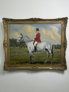 20th Century Van Meer Huntsman on Horseback Oil Painting Circa - Mid 20th Century Composition - Oil On Canvas Listing Description Unique Original oil painting depicting a huntsman riding a grey mare in stunning detail. Signed By Artist, Van Meer. Quality investment painting, perfect for art collectors who appreciate unique, high-quality pieces. Dimensions In Cms Height 50cm x Width 60cm For further information please call the museum curator on 07707488566 Thank-you