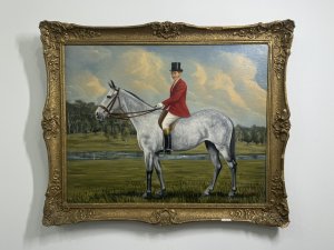 20th Century Van Meer Huntsman on Horseback Oil Painting Circa - Mid 20th Century Composition - Oil On Canvas Listing Description Unique Original oil painting depicting a huntsman riding a grey mare in stunning detail. Signed By Artist, Van Meer. Quality investment painting, perfect for art collectors who appreciate unique, high-quality pieces. Dimensions In Cms Height 50cm x Width 60cm For further information please call the museum curator on 07707488566 Thank-you