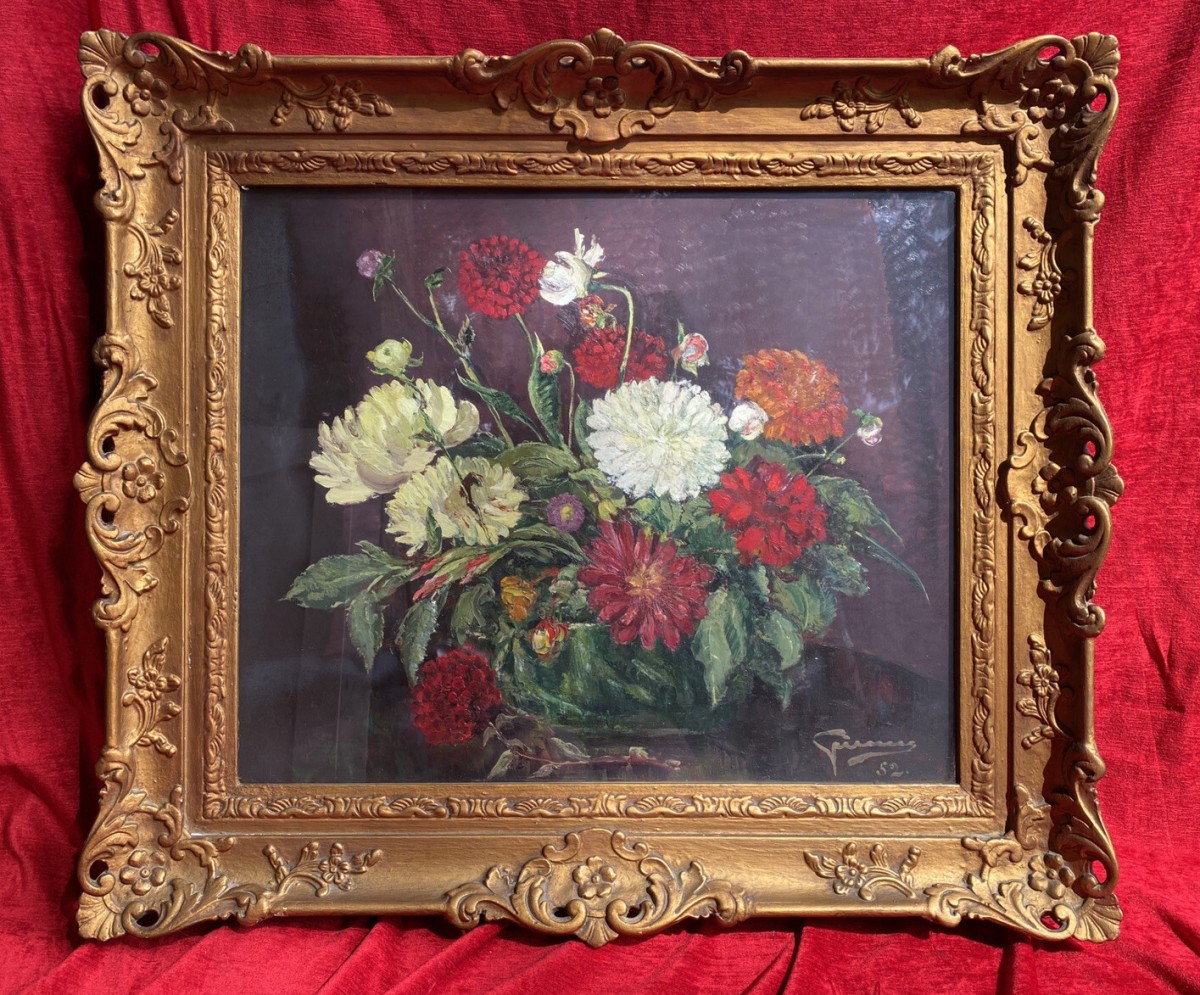 Beautiful Fine Art Chrysanthemum Still Life Oil Painting In Gilt Frame Signed