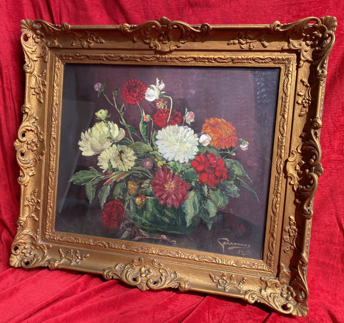 Beautiful Fine Art Chrysanthemum Still Life Oil Painting In Gilt Frame Signed