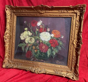 Beautiful Fine Art Chrysanthemum Still Life Oil Painting In Gilt Frame Signed Late 20th Century Original Oil On Board Beautifully Painted Resplendent Bouquet Of Chrysanthemums In Rich Reds, Orange And White Hues Signed By Artist ( Indistinct Signature) Set In Ornate Gilt Wood Frame Stunning Statement Piece For Interior Display Or Private Collection Dimensions In Inches Height 29" Width 32" Frame Depth 3"