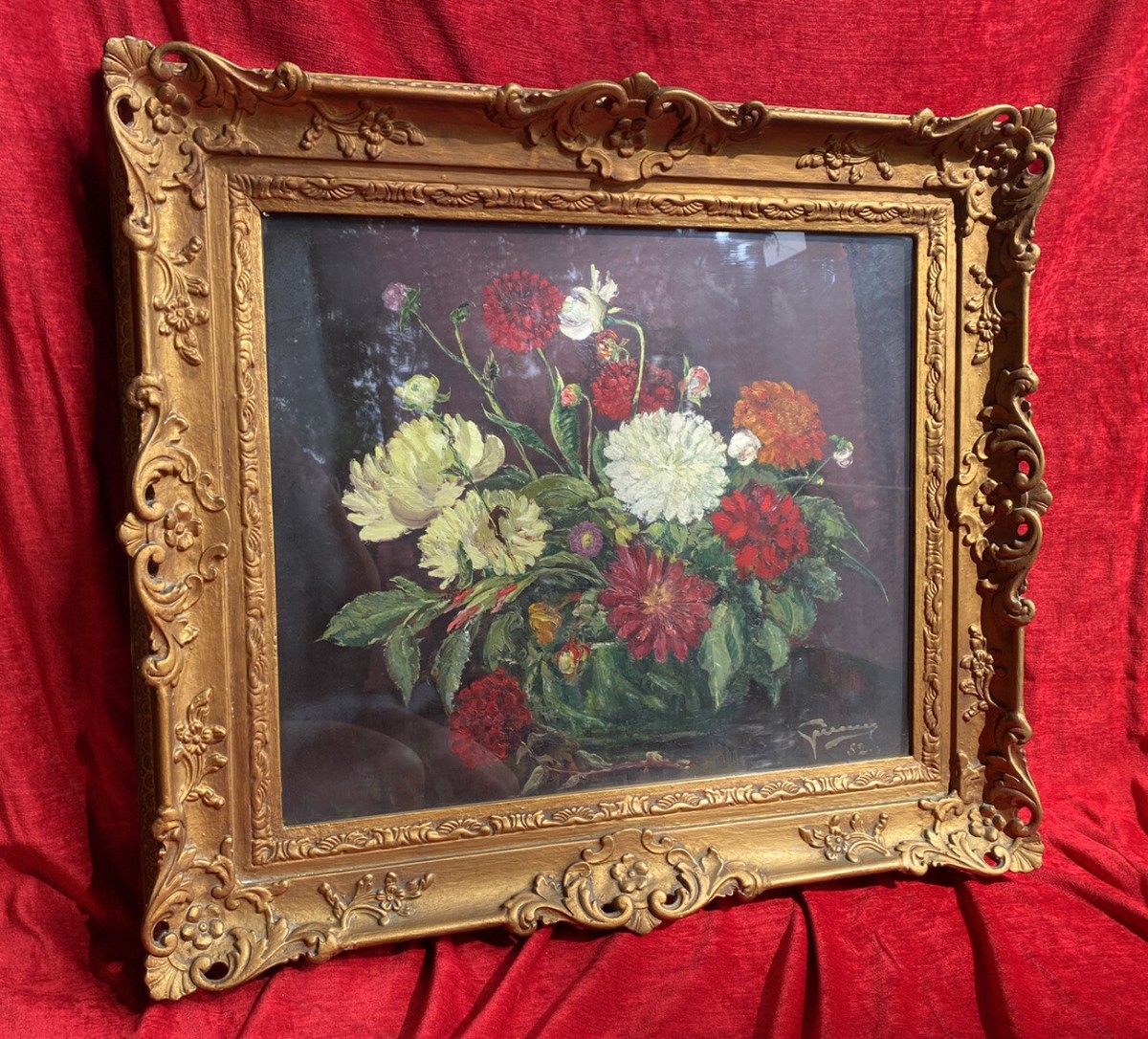 Beautiful Fine Art Chrysanthemum Still Life Oil Painting In Gilt Frame Signed