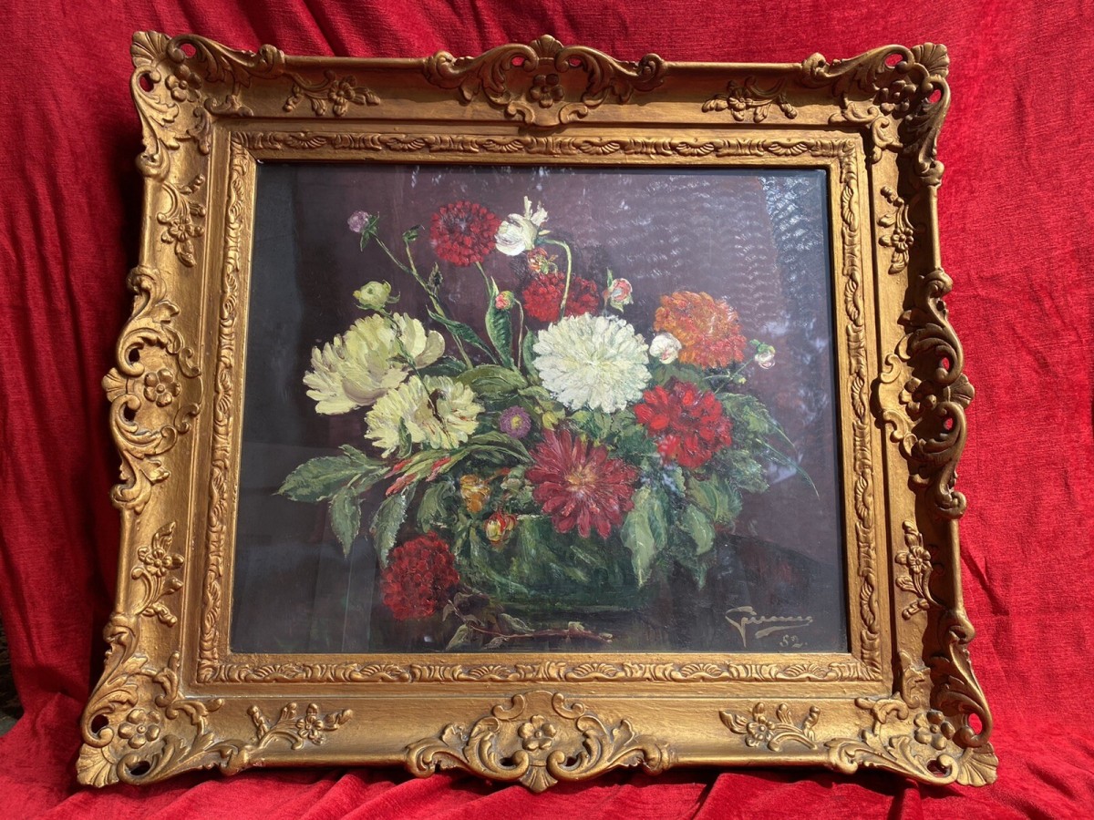 Beautiful Fine Art Chrysanthemum Still Life Oil Painting In Gilt Frame Signed
