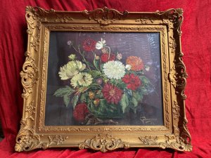 Beautiful Fine Art Chrysanthemum Still Life Oil Painting In Gilt Frame Signed Late 20th Century Original Oil On Board Beautifully Painted Resplendent Bouquet Of Chrysanthemums In Rich Reds, Orange And White Hues Signed By Artist ( Indistinct Signature) Set In Ornate Gilt Wood Frame Stunning Statement Piece For Interior Display Or Private Collection Dimensions In Inches Height 29" Width 32" Frame Depth 3"