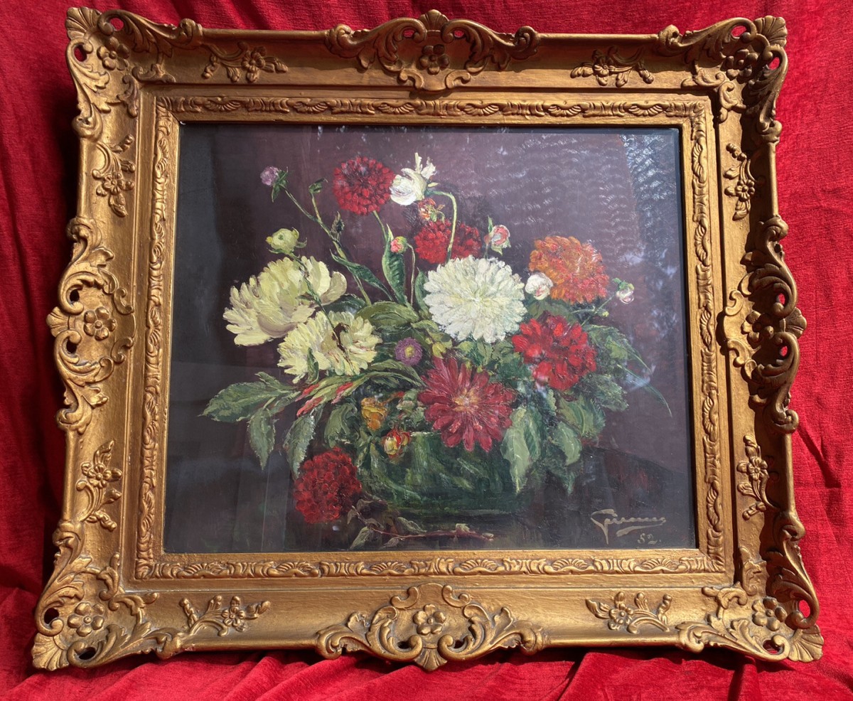 Beautiful Fine Art Chrysanthemum Still Life Oil Painting In Gilt Frame Signed