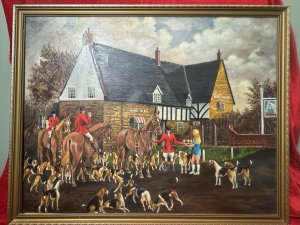 Late 20th Century Oil Painting By F.G Sheppard Titled 'The Stirrup Cup' Composition - Oil On Canvas Listing Description The Painting Portrays A Traditionally British Fox Hunt Meet Outside "The Nags Head" Pub In Harby, Leicestershire. Wonderful Artwork Set Outside British Pub With Horses And Riders Wearing Red Coats Traditional British Hunting Garb, Many Excited Beagles And Young Barmaid Delivering Drinks to The Riders. Vibrant Well Excuted Artwork By Known Artist F.G Sheppard. The Stirrup Cup Tradition Which Historically Came About in The Late 18th/ Early 19th Centuries Amongst Upper Classes, Is When Port Or Sherry Are Given To Riders Before The Hunt Or Departure Often Served in A Small Cup. Dimensions In Cms Height 77.5cm X Width 99cm For Further Information Please Call Our Museum Curator On 07707 466588 Thank- you.