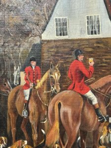 Late 20th Century Oil Painting By F.G Sheppard Titled 'The Stirrup Cup' Composition - Oil On Canvas Listing Description The Painting Portrays A Traditionally British Fox Hunt Meet Outside "The Nags Head" Pub In Harby, Leicestershire. Wonderful Artwork Set Outside British Pub With Horses And Riders Wearing Red Coats Traditional British Hunting Garb, Many Excited Beagles And Young Barmaid Delivering Drinks to The Riders. Vibrant Well Excuted Artwork By Known Artist F.G Sheppard. The Stirrup Cup Tradition Which Historically Came About in The Late 18th/ Early 19th Centuries Amongst Upper Classes, Is When Port Or Sherry Are Given To Riders Before The Hunt Or Departure Often Served in A Small Cup. Dimensions In Cms Height 77.5cm X Width 99cm For Further Information Please Call Our Museum Curator On 07707 466588 Thank- you.