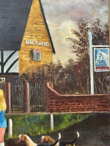 Late 20th Century Oil Painting By F.G Sheppard Titled 'The Stirrup Cup' Composition - Oil On Canvas Listing Description The Painting Portrays A Traditionally British Fox Hunt Meet Outside "The Nags Head" Pub In Harby, Leicestershire. Wonderful Artwork Set Outside British Pub With Horses And Riders Wearing Red Coats Traditional British Hunting Garb, Many Excited Beagles And Young Barmaid Delivering Drinks to The Riders. Vibrant Well Excuted Artwork By Known Artist F.G Sheppard. The Stirrup Cup Tradition Which Historically Came About in The Late 18th/ Early 19th Centuries Amongst Upper Classes, Is When Port Or Sherry Are Given To Riders Before The Hunt Or Departure Often Served in A Small Cup. Dimensions In Cms Height 77.5cm X Width 99cm For Further Information Please Call Our Museum Curator On 07707 466588 Thank- you.