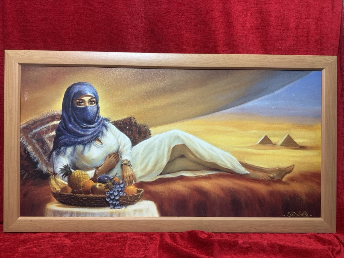 Large Oil Painting Arabian Beauty Reclining In Bedouin Tent By S Rachelle