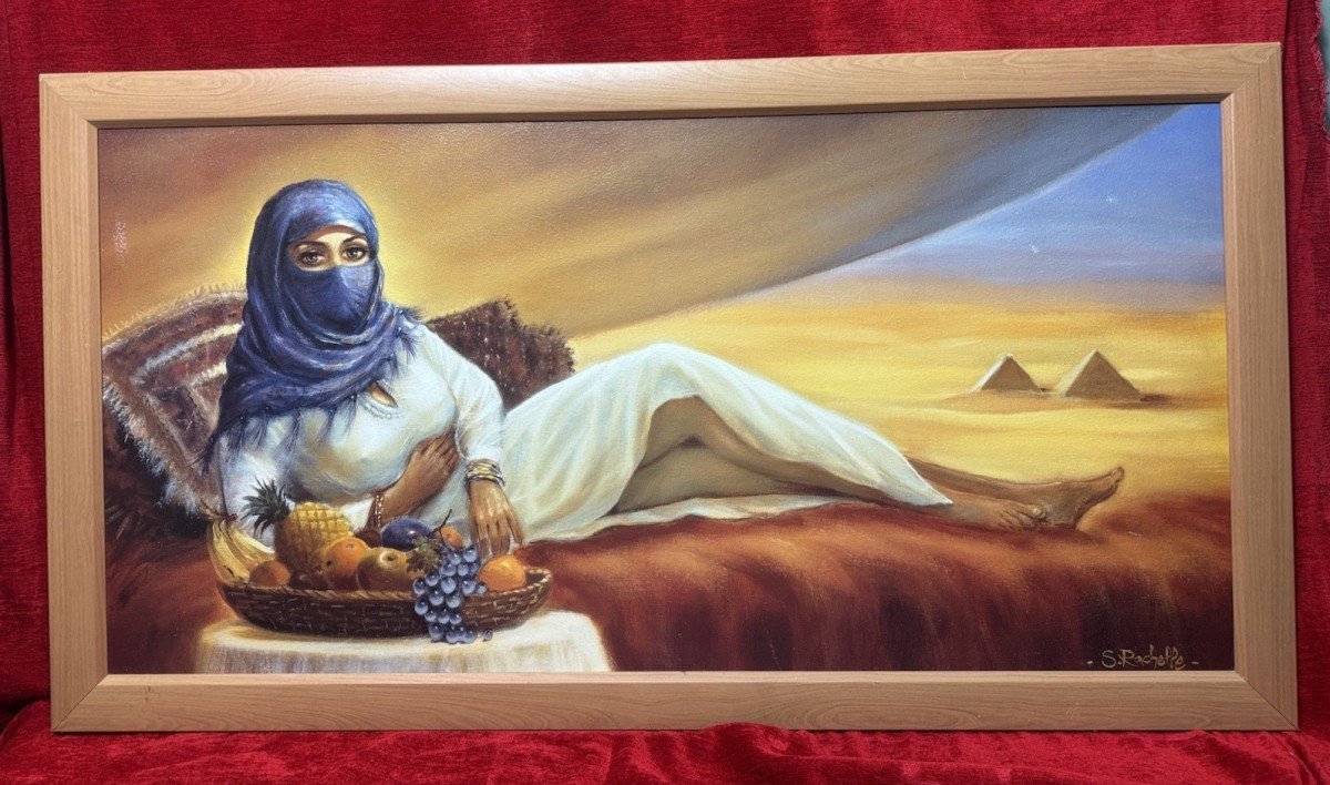 Large Oil Painting Arabian Beauty Reclining In Bedouin Tent By S Rachelle
