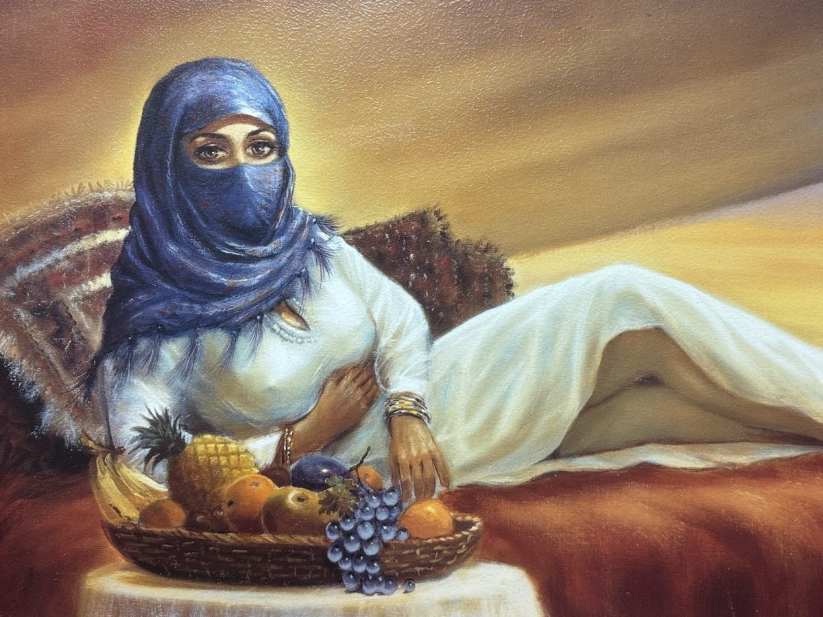 Large Oil Painting Arabian Beauty Reclining In Bedouin Tent By S Rachelle