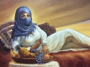 Large Oil Painting Arabian Beauty Reclining In Bedouin Tent By S Rachelle Circa - 20th Century Composition - Oil On Artist Board Listing Description Large Oil Painting By Artist S Rachelle. Exotic Artwork Of Female Reclining In Front Of Bedouin Tent Opening, With Large Ornamental Fruit Basket. Vibrant Sandy Backdrop With The Piramids Of Giza As Focal Point. Dimensions in Cms Height 59cm X Width 109cm