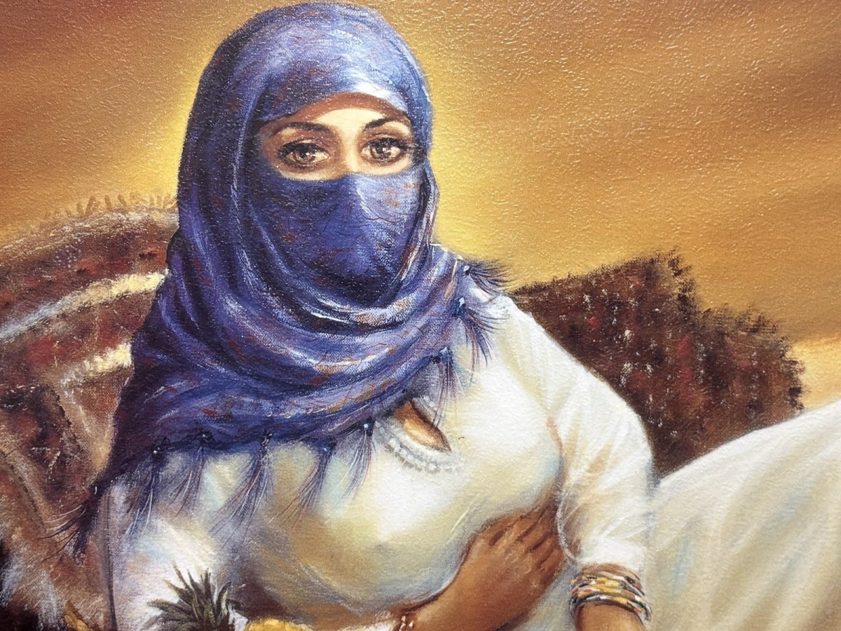 Large Oil Painting Arabian Beauty Reclining In Bedouin Tent By S Rachelle