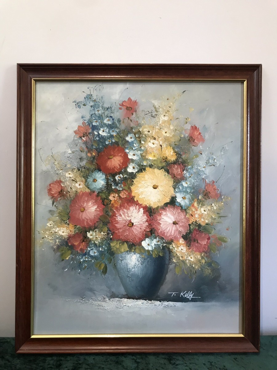 Primary image for Original Oil Painting Still Life Vase Of Flowers Signed By Artist T Kelly